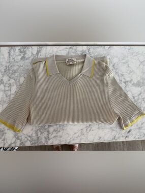 Vintage Hermes Beige Ribbed Short-Sleeve Polo with Yellow Trim